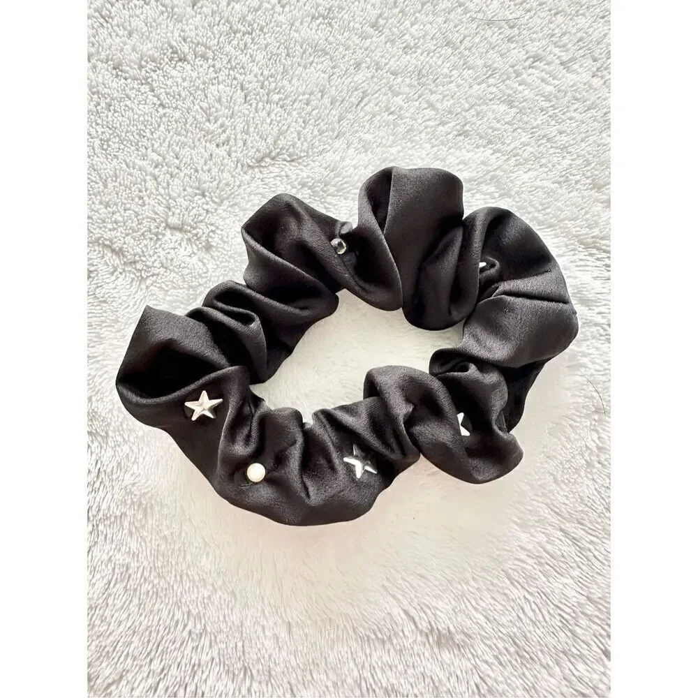 Black color satin hair scrunchie with pearls and silver stars